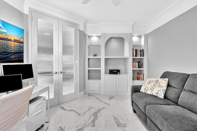 20677 NW 26th Ct, Boca Raton, FL 33434 - living area featuring crown molding, french doors, light marble finish floors, a ceiling fan, and built in shelves