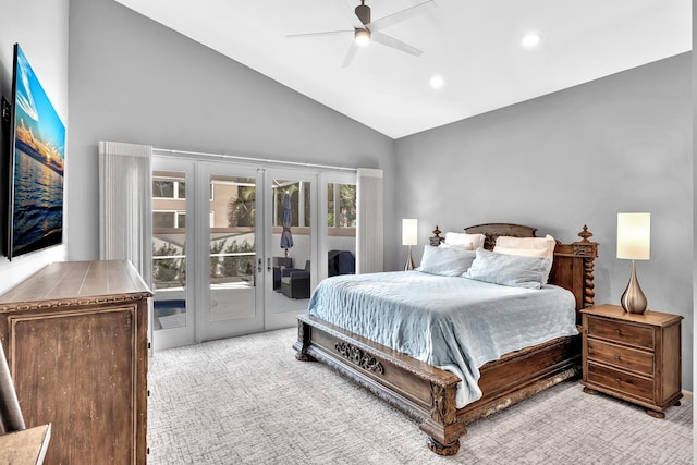 20677 NW 26th Ct, Boca Raton, FL 33434 - carpeted bedroom with access to outside, french doors, high vaulted ceiling, recessed lighting, and ceiling fan