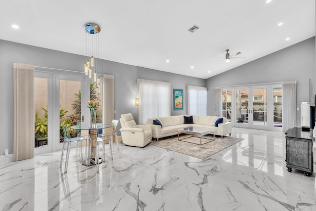 20677 NW 26th Ct, Boca Raton, FL 33434 - living room with french doors, ceiling fan, marble tiled floors, recessed lighting, and lofted ceiling