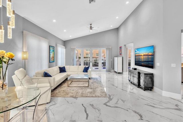 20677 NW 26th Ct, Boca Raton, FL 33434 - living area with a ceiling fan, marble tiled flooring, lofted ceiling, recessed lighting, and french doors