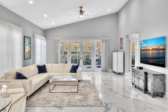 20677 NW 26th Ct, Boca Raton, FL 33434 - living area featuring french doors, marble tiled flooring, ceiling fan, recessed lighting, and baseboards