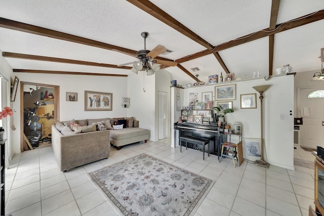 10151 Windtree Ln N, Boca Raton, FL 33428 - living room with a textured ceiling, a ceiling fan, and light tile patterned floors