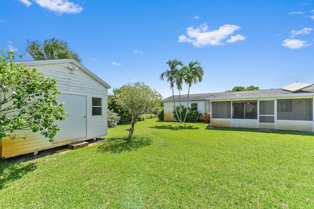 436 Santa Anna Dr, Palm Springs, FL 33461 - view of green lawn with a sunroom and a shed