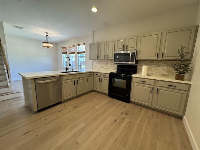 2799 Saranac Ave, West Palm Beach, FL 33409 - kitchen with appliances with stainless steel finishes, a peninsula, decorative backsplash, light wood-style floors, and light countertops
