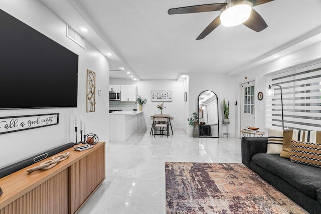 519 Shady Pine Way Unit C1, Greenacres, FL 33415 - living room featuring recessed lighting, a ceiling fan, and light marble finish floors