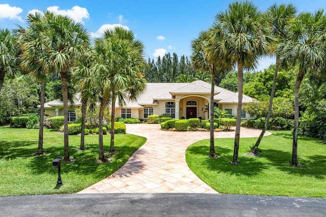 16164 Bridlewood Cir, Delray Beach, FL 33445 - view of front of property with curved driveway, stucco siding, and a front lawn