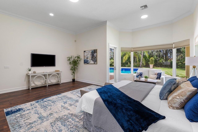 16164 Bridlewood Cir, Delray Beach, FL 33445 - bedroom with wood finished floors, access to outside, crown molding, baseboards, and recessed lighting