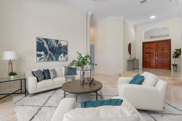 16164 Bridlewood Cir, Delray Beach, FL 33445 - living room with ornamental molding, a towering ceiling, baseboards, and recessed lighting