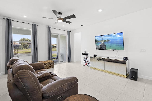 5697 Graceful Way, Delray Beach, FL 33484 - living area featuring ceiling fan, recessed lighting, and light tile patterned flooring