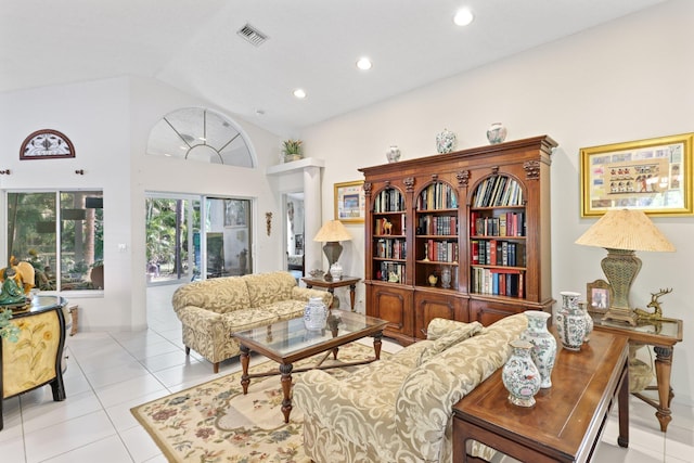 1350 SW 18th St, Boca Raton, FL 33486 - living area featuring tile patterned floors, recessed lighting, and high vaulted ceiling