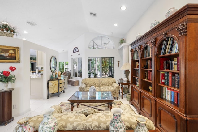 1350 SW 18th St, Boca Raton, FL 33486 - living area with light tile patterned flooring, recessed lighting, and high vaulted ceiling
