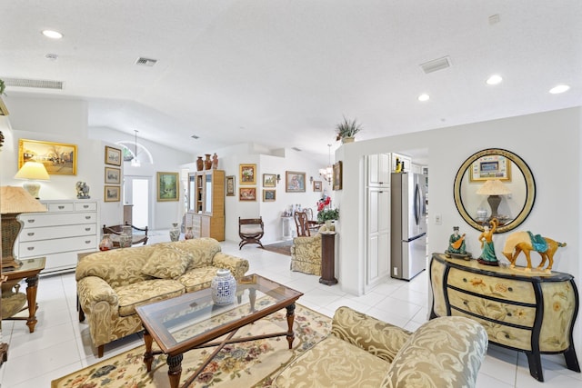 1350 SW 18th St, Boca Raton, FL 33486 - living room featuring vaulted ceiling, light tile patterned flooring, and recessed lighting