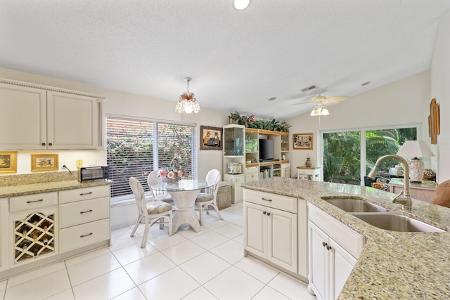 1350 SW 18th St, Boca Raton, FL 33486 - kitchen featuring plenty of natural light, vaulted ceiling, light stone counters, and a ceiling fan