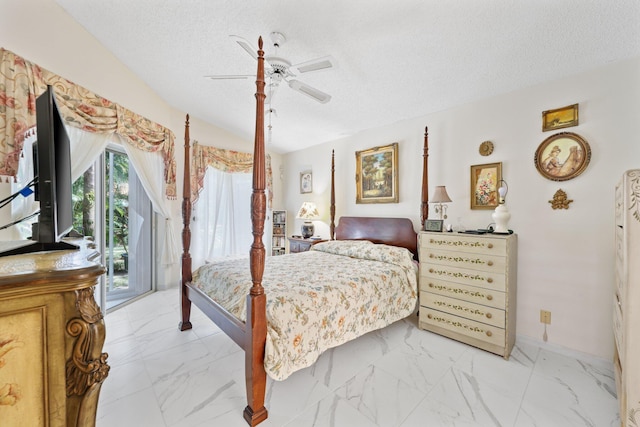 1350 SW 18th St, Boca Raton, FL 33486 - bedroom featuring access to exterior, light marble finish floors, a textured ceiling, and a ceiling fan