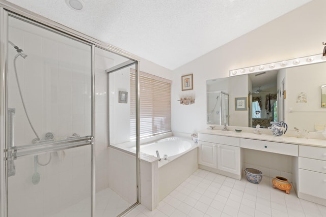 1350 SW 18th St, Boca Raton, FL 33486 - bathroom featuring a garden tub, vanity, lofted ceiling, a stall shower, and a textured ceiling