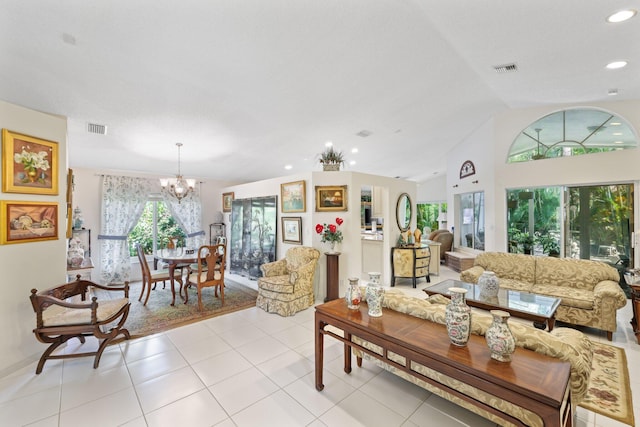 1350 SW 18th St, Boca Raton, FL 33486 - living area featuring a chandelier, recessed lighting, vaulted ceiling, and light tile patterned flooring