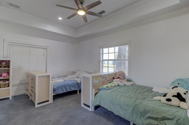 925 SW All American Blvd, Palm City, FL 34990 - bedroom with crown molding, a raised ceiling, carpet flooring, recessed lighting, and ceiling fan