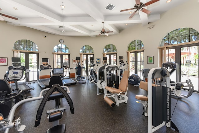 9724 Via Grandezza, Wellington, FL 33411 - exercise room with french doors, ceiling fan, plenty of natural light, recessed lighting, and coffered ceiling