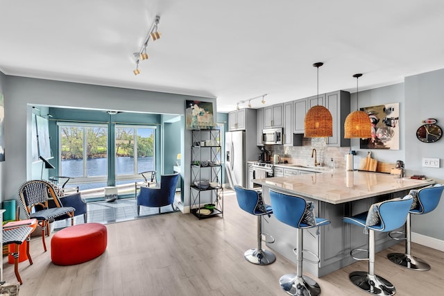 2 Colonial Club Dr Unit 203, Boynton Beach, FL 33435 - kitchen with stainless steel appliances, rail lighting, gray cabinets, light wood finished floors, and a kitchen breakfast bar
