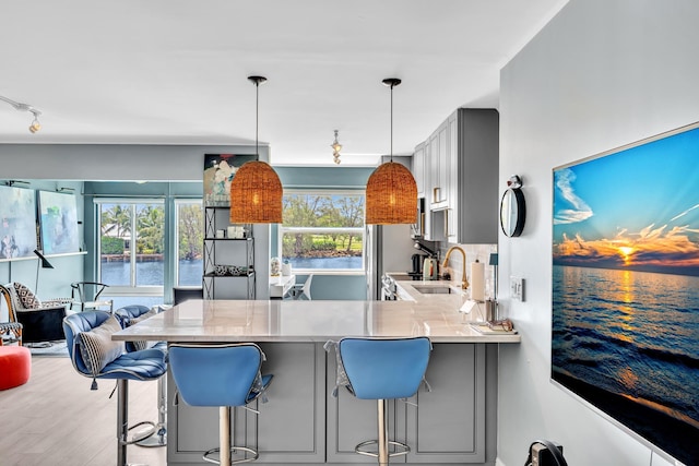 2 Colonial Club Dr Unit 203, Boynton Beach, FL 33435 - kitchen with a peninsula, gray cabinetry, light wood finished floors, a breakfast bar, and pendant lighting