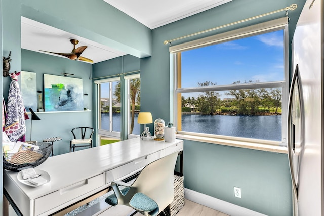 2 Colonial Club Dr Unit 203, Boynton Beach, FL 33435 - office space with a water view, a ceiling fan, wood finished floors, and ornamental molding