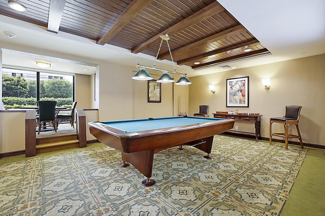 2001 N Ocean Blvd Unit 1804, Boca Raton, FL 33431 - game room featuring a wood ceiling with exposed beams, pool table, and light carpet