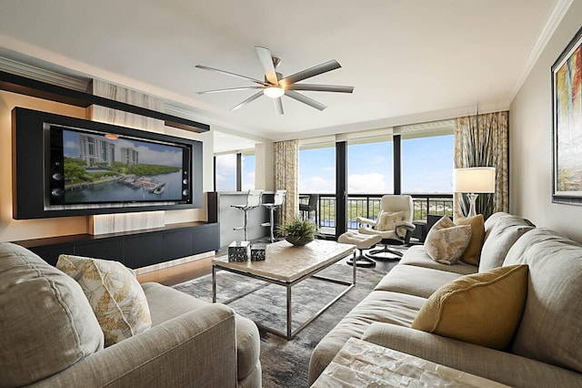 2001 N Ocean Blvd Unit 1804, Boca Raton, FL 33431 - living room with a wall of windows, ceiling fan, crown molding, and wood finished floors