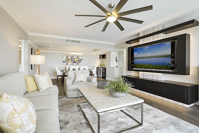 2001 N Ocean Blvd Unit 1804, Boca Raton, FL 33431 - living room featuring a ceiling fan, wood finished floors, and crown molding