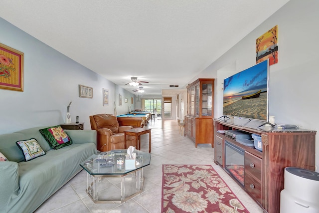 15401 Pembridge Ave Unit 9, Delray Beach, FL 33484 - living area featuring billiards, ceiling fan, and light tile patterned floors