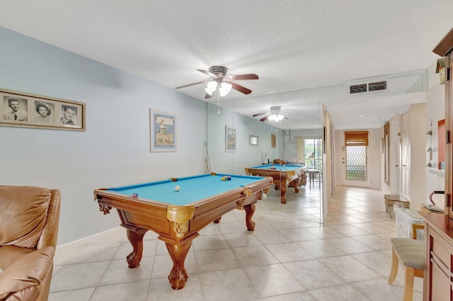 15401 Pembridge Ave Unit 9, Delray Beach, FL 33484 - playroom with pool table, a ceiling fan, light tile patterned floors, and a textured ceiling