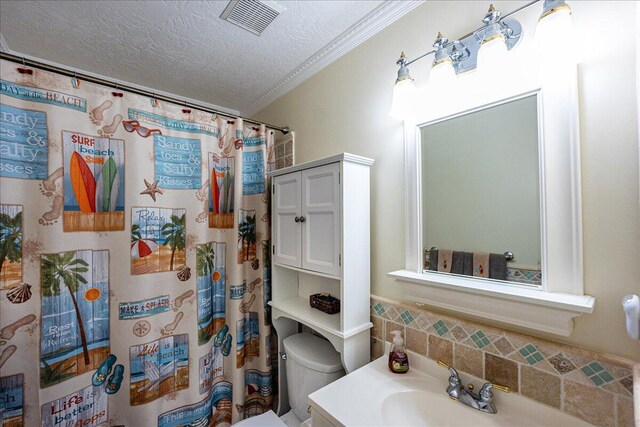 2990 SW Ventura St, Port Saint Lucie, FL 34953 - bathroom with vanity, a textured ceiling, crown molding, and a shower with curtain
