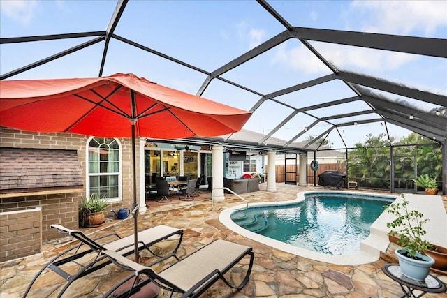 2990 SW Ventura St, Port Saint Lucie, FL 34953 - swimming pool featuring a patio area, area for grilling, an outdoor living space, and a lanai