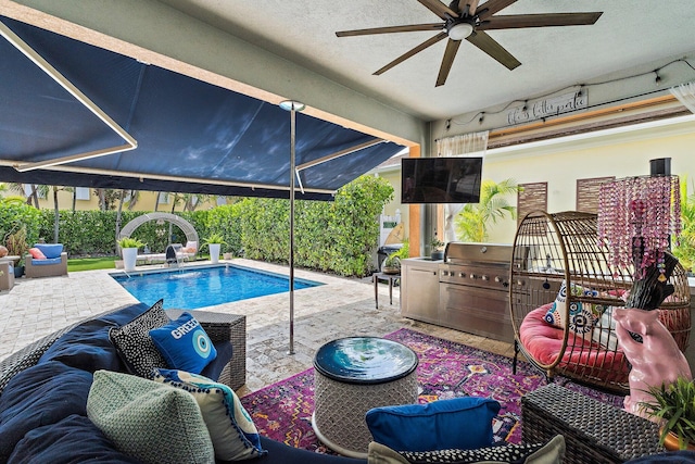 231 Caravelle Dr, Jupiter, FL 33458 - view of pool with ceiling fan, a patio area, a grill, and an outdoor hangout area