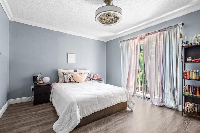 22180 Boca Rancho Dr Unit B, Boca Raton, FL 33428 - bedroom featuring a textured ceiling, access to exterior, wood finished floors, crown molding, and a ceiling fan