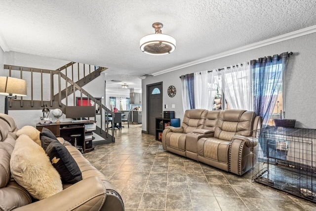 22180 Boca Rancho Dr Unit B, Boca Raton, FL 33428 - living area with stairs, a textured ceiling, crown molding, and healthy amount of natural light