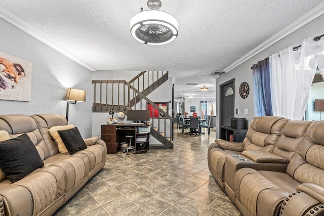 22180 Boca Rancho Dr Unit B, Boca Raton, FL 33428 - living area with a textured ceiling, stairway, ornamental molding, and a textured wall