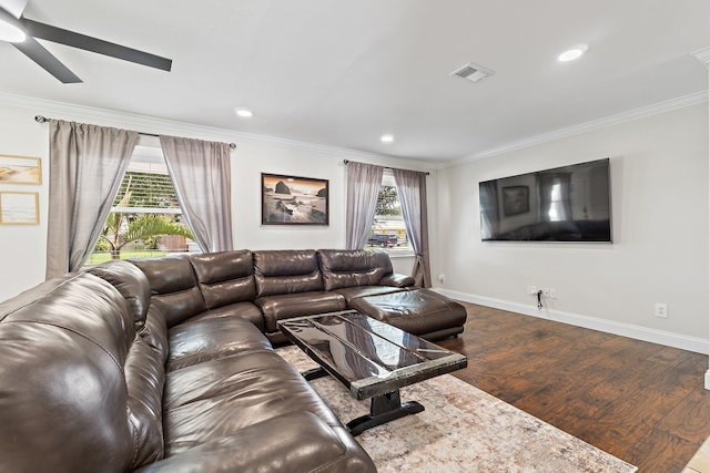 1008 Mohawk St, Jupiter, FL 33458 - living area featuring ornamental molding, dark wood finished floors, healthy amount of natural light, a ceiling fan, and recessed lighting