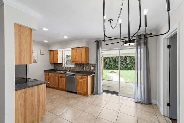 1008 Mohawk St, Jupiter, FL 33458 - kitchen featuring dishwasher, ornamental molding, dark countertops, decorative backsplash, and brown cabinets