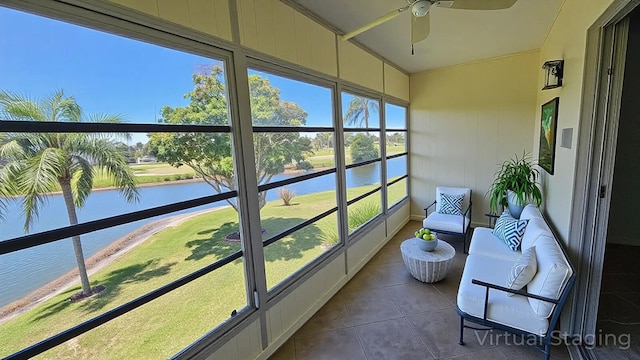 2905 Victoria Pl Unit D3, Coconut Creek, FL 33066 - sunroom / solarium featuring a water view, tile patterned floors, and a ceiling fan
