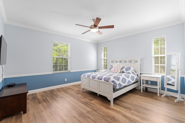 240 Honeysuckle Dr, Jupiter, FL 33458 - bedroom with wood finished floors, multiple windows, ornamental molding, a ceiling fan, and a textured ceiling