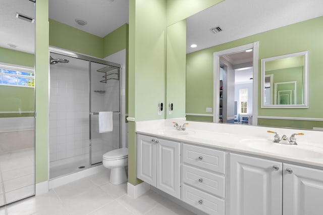240 Honeysuckle Dr, Jupiter, FL 33458 - bathroom featuring a shower stall, tile patterned floors, and double vanity