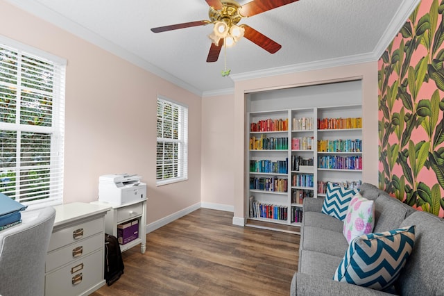 240 Honeysuckle Dr, Jupiter, FL 33458 - home office featuring a ceiling fan, dark wood-style flooring, and ornamental molding