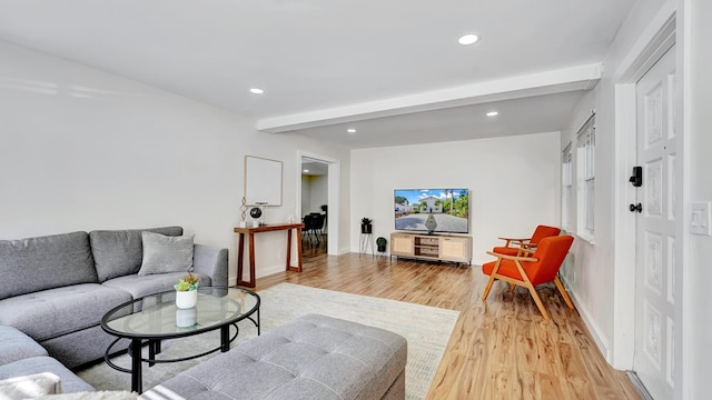 218 NE 10th St, Delray Beach, FL 33444 - living room with beamed ceiling, light wood-type flooring, and recessed lighting