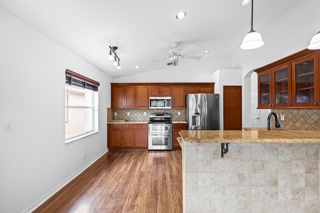 7117 Treviso Ln, Boynton Beach, FL 33472 - kitchen with appliances with stainless steel finishes, lofted ceiling, wood finished floors, decorative backsplash, and glass insert cabinets