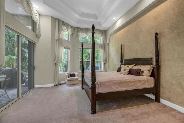 6496 San Michel Way, Delray Beach, FL 33484 - bedroom with carpet, access to exterior, crown molding, a raised ceiling, and a textured wall