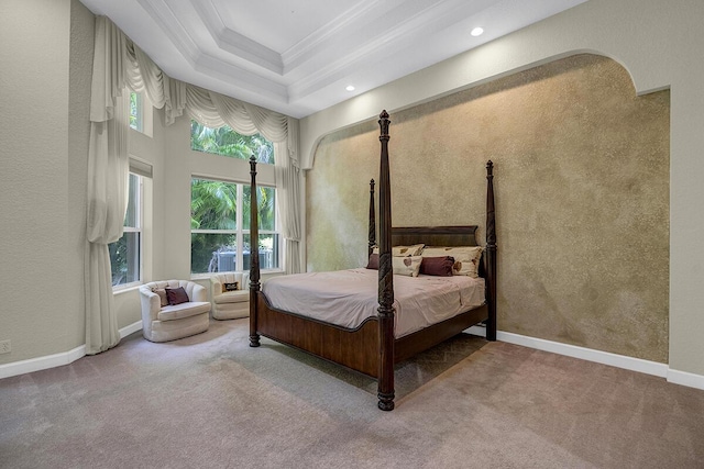 6496 San Michel Way, Delray Beach, FL 33484 - carpeted bedroom featuring ornamental molding, a tray ceiling, recessed lighting, and a textured wall