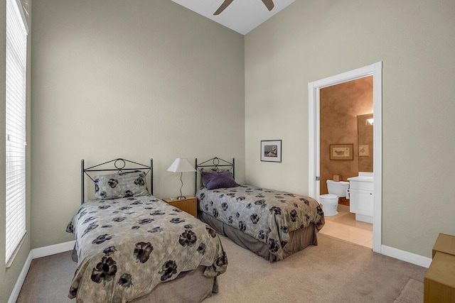6496 San Michel Way, Delray Beach, FL 33484 - carpeted bedroom featuring ensuite bathroom, lofted ceiling, and ceiling fan