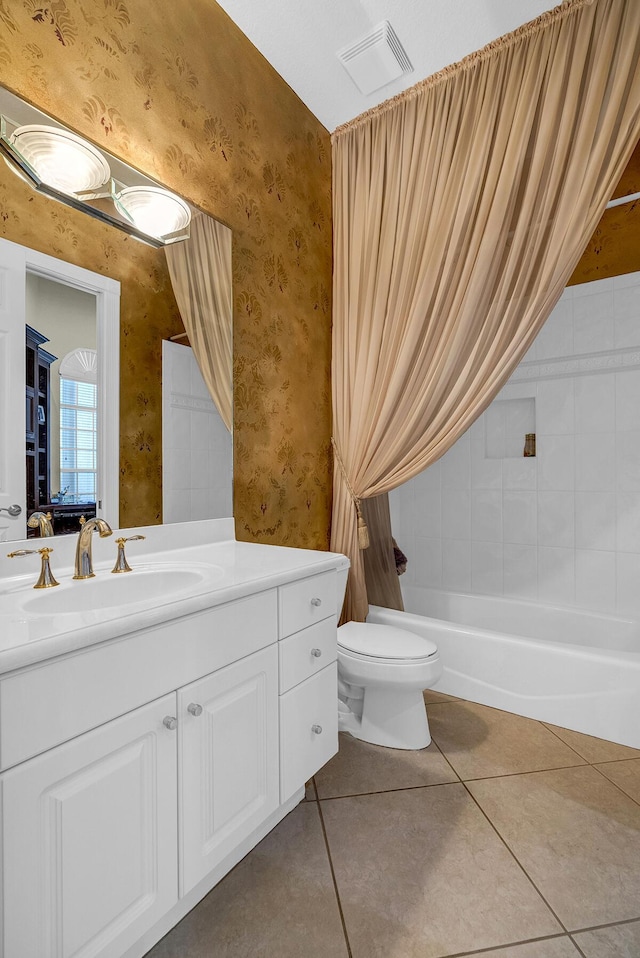 6496 San Michel Way, Delray Beach, FL 33484 - bathroom featuring wallpapered walls, tile patterned floors, vanity, and bathtub / shower combination