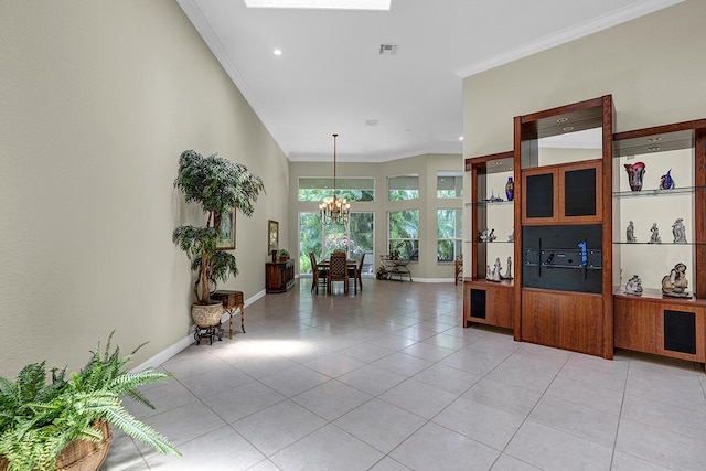 6496 San Michel Way, Delray Beach, FL 33484 - living area featuring a chandelier, crown molding, light tile patterned floors, a skylight, and recessed lighting