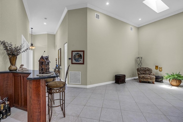 6496 San Michel Way, Delray Beach, FL 33484 - bar area with crown molding, light tile patterned floors, a high ceiling, and recessed lighting